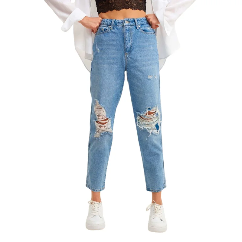 OXXO - Cotton Fit Denim Distressed Pants Trendy High-Waist Trousers