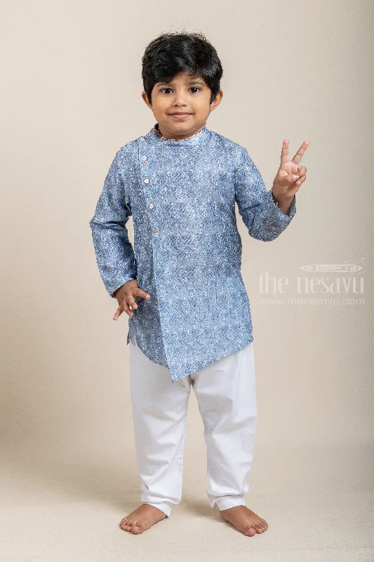 Blue All Over Paisley Printed Boys Kurta with White Pant Relaxed Fit Trousers