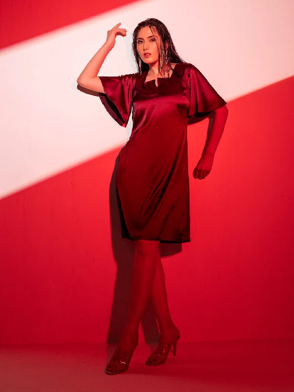 Satin Stretch A line Party Dress - Wine Tunics Luxurious premium