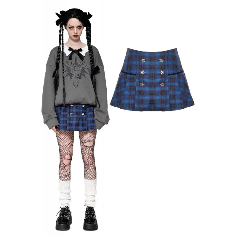 Women's Grunge Stars Plaid Short Skirt Blue linen skirt relaxed