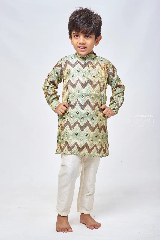 Verdant Splendor: Green Poochampalli Ikat Mandarin Collar Kurta & Pant Classic Pleated Pants