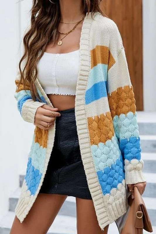 WOMEN QUILTED STRIPE PATTERN RIBBED KNIT CARDIGAN Solid Print Embellished
