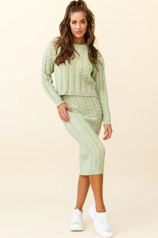 Cozy Up Cable Knit Midi Skirt Green leather skirt refined