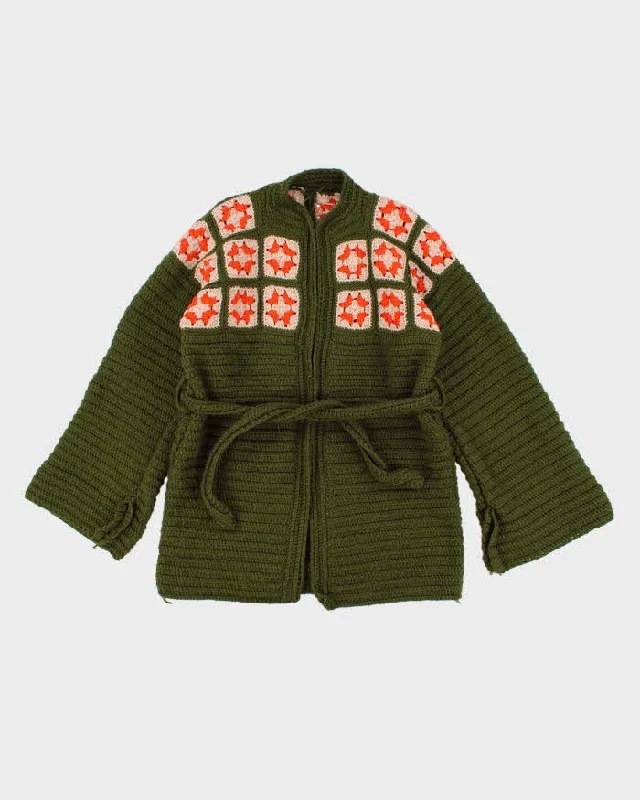 Women's Green Hand Knit Belted Cardigan - M Anti-Pilling Anti-Shrink Durable
