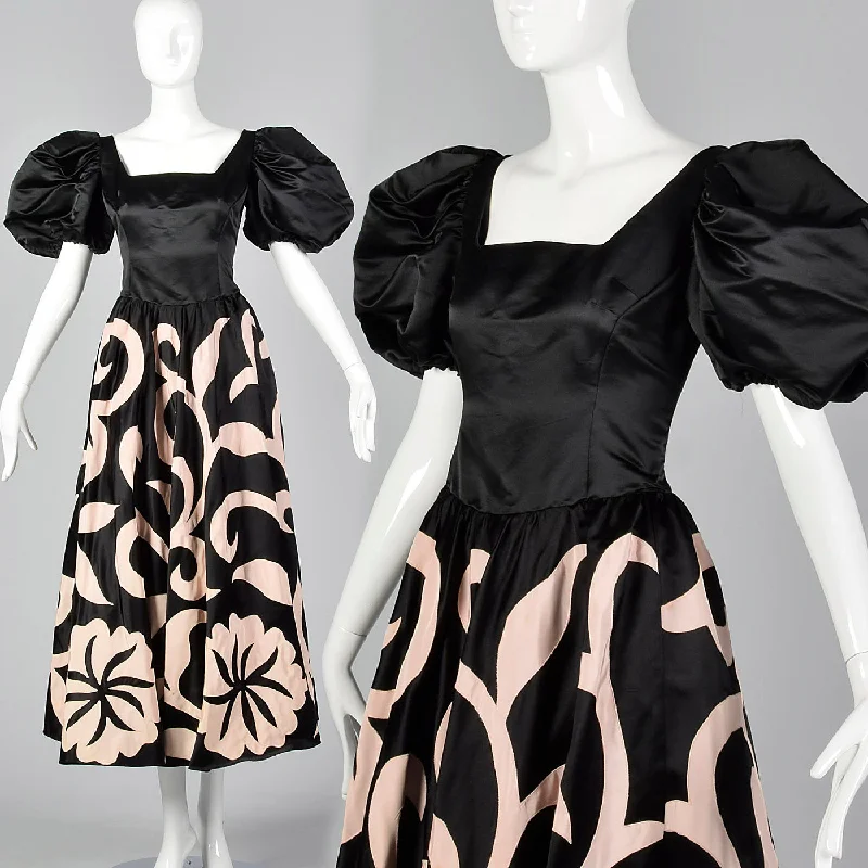 1980s Black Party Dress with Applique Full Circle Skirt Tunics Formal black