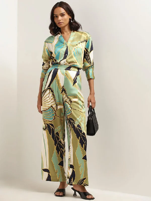 Wardrobe Green Printed Wide-Leg Pants Fashionable Sporty Pants