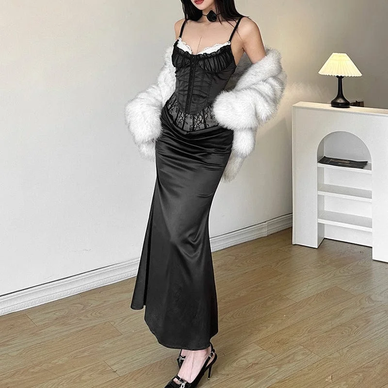 Women's Gothic Plicated Lace Splice Wrap Skirt elastic waist skirt