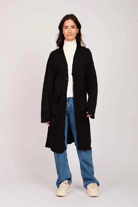 Women Long Buttoned Cardigan Black Terry Blend Velvet Blend Canvas Blend