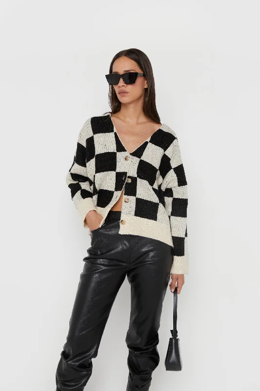 CHECKERED BUTTON FRONT CARDIGAN Iron Safe Non-Iron Wrinkle Free