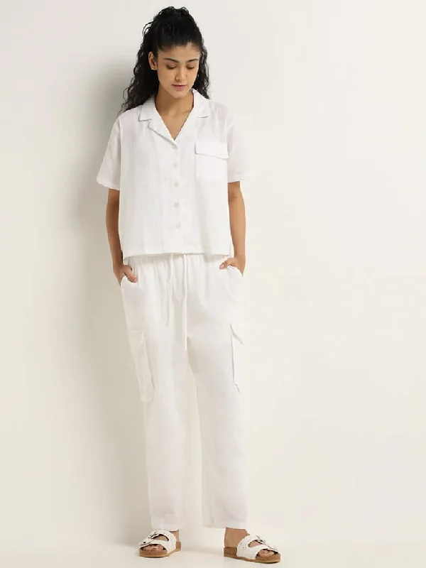 Superstar White Wide-Leg Cotton High-Rise Cargo Pants Comfortable Pleated Pants