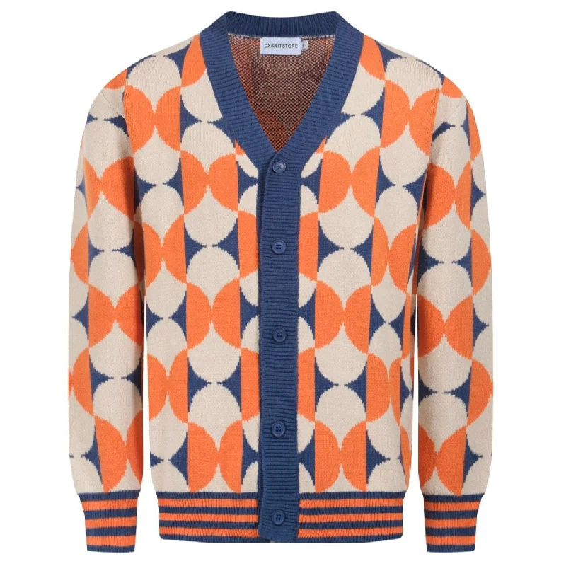 Men's orange vintage 50s cardigan sweater Print Jacquard Patchwork