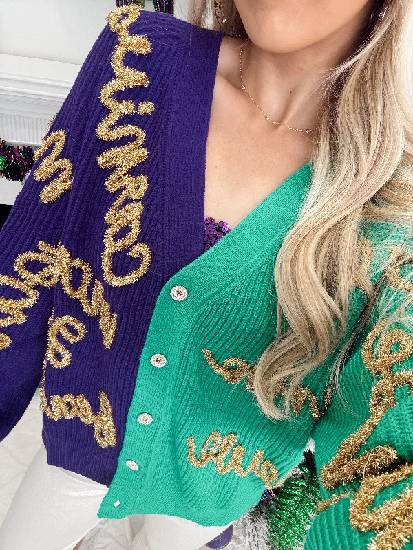 Queen Of Sparkles Colorblock Mardi Gras Words Cardigan Zippered Buttoned Snapped