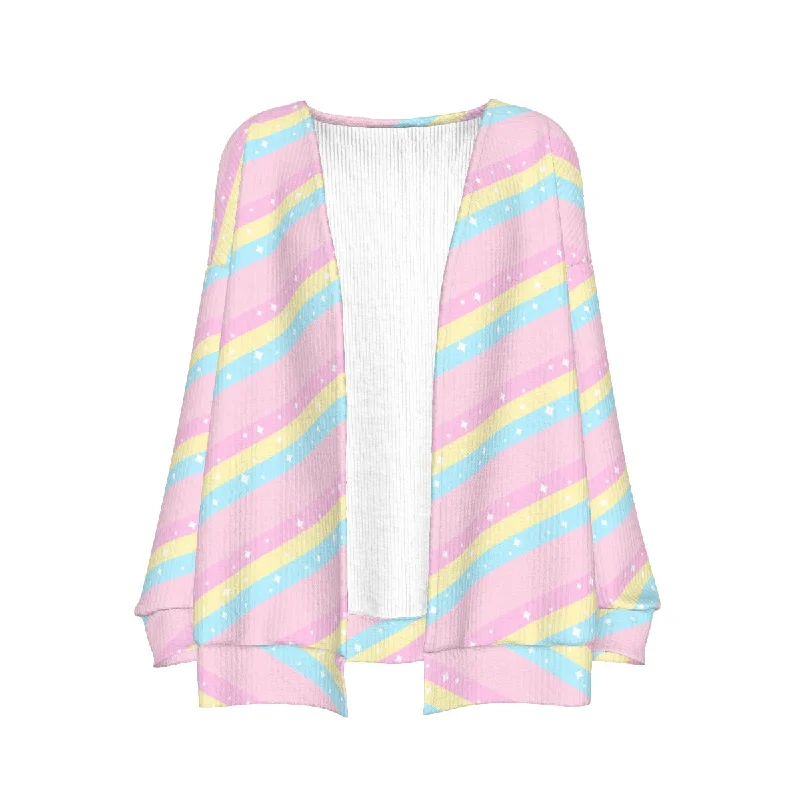 Teatime Fantasy Pink Rainbow Open Front Cardigan Front Pockets Side Pockets Patch Pockets Teatime Fantasy Pink Rainbow Open Front Cardigan Front Pockets Side Pockets Patch Pockets