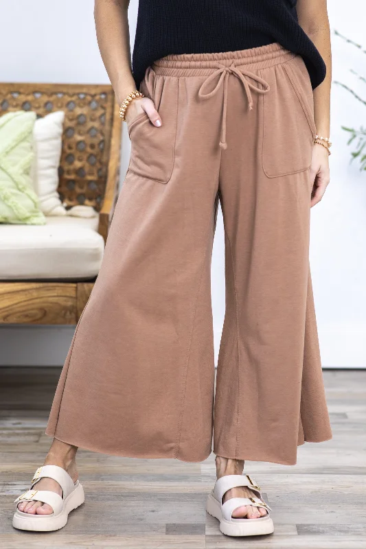 Mocha Tie-Wide Waist Banded Crop Pants Warm Wool Trousers