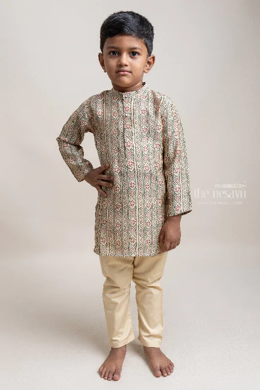 Beautiful Beige Tribal Printed Kurta And Solid Beige Pant For Boys Comfy Zip-Up Pants