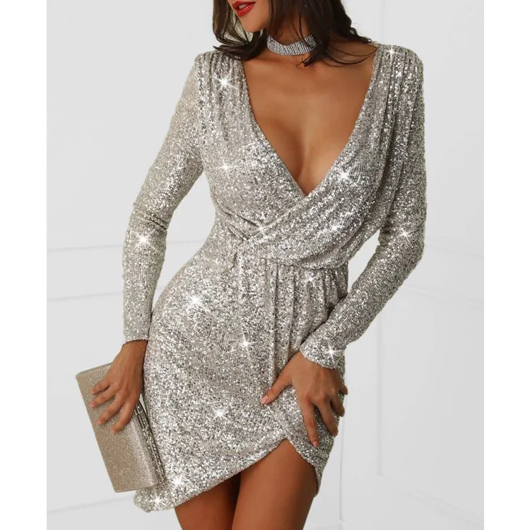 Sexy Deep V Neck Sequined Mini Party Dresses Off-the-shoulder Chic Trendy
