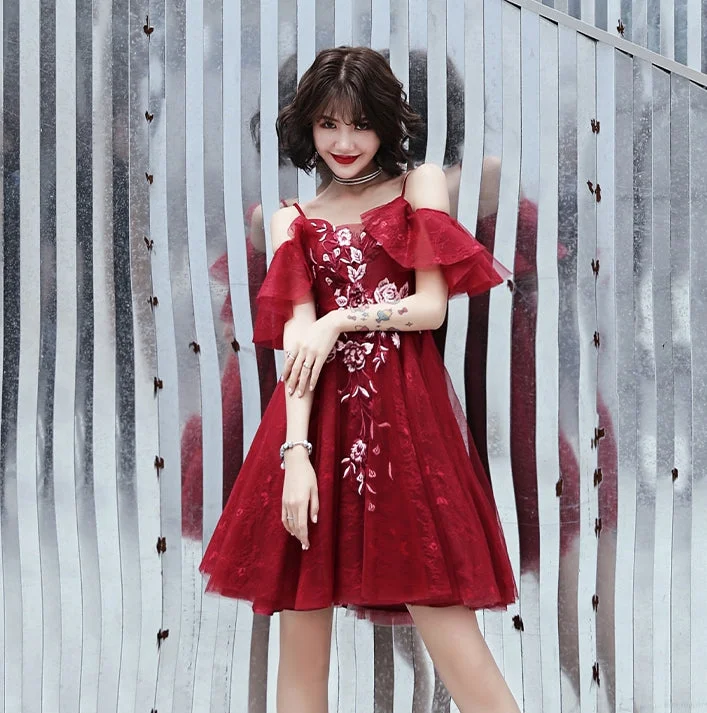 Burgundy lace short prom dress party dress  8323 empire Waist empire