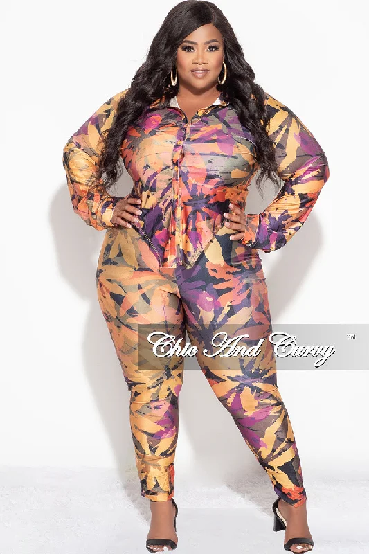 Final Sale Plus Size 2pc Button Up Collar Top and Pants Set in Mustard Multi Color Design Print Casual Yoga Pants