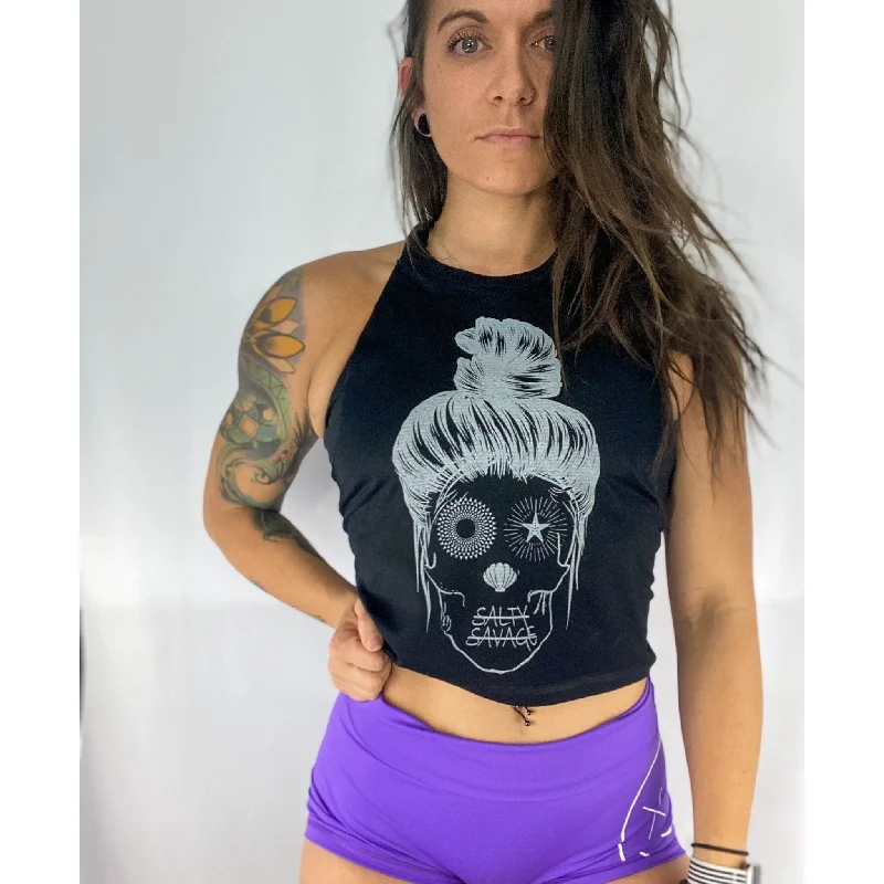 Ladies "Messy Bun Skull" Flowy Crop Tank cutout tank top