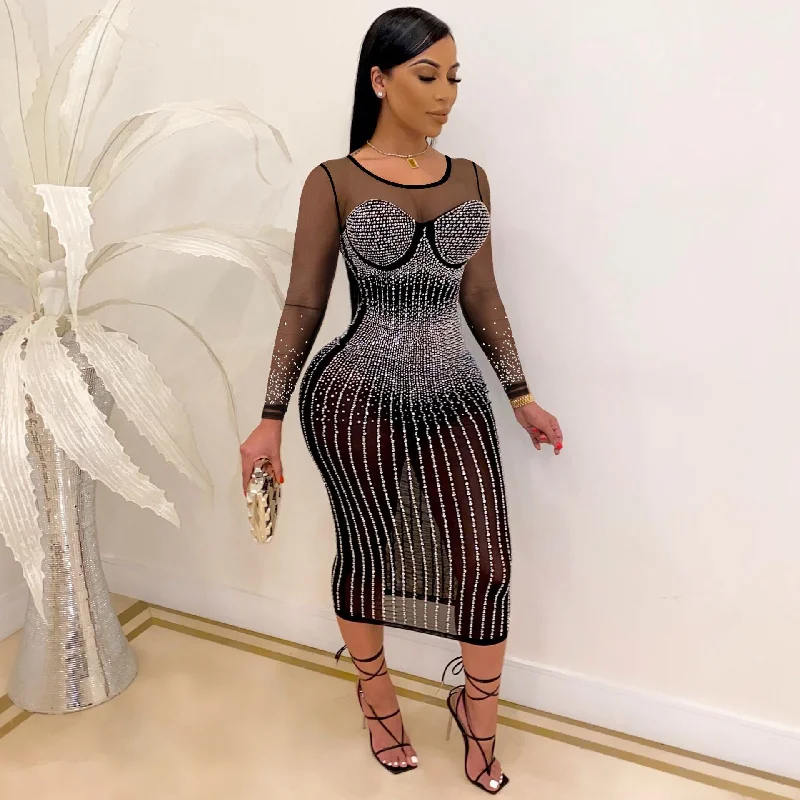 Sexy Diamond Inlay Long Sleeves Night Party Dresses Tunics Cozy soft