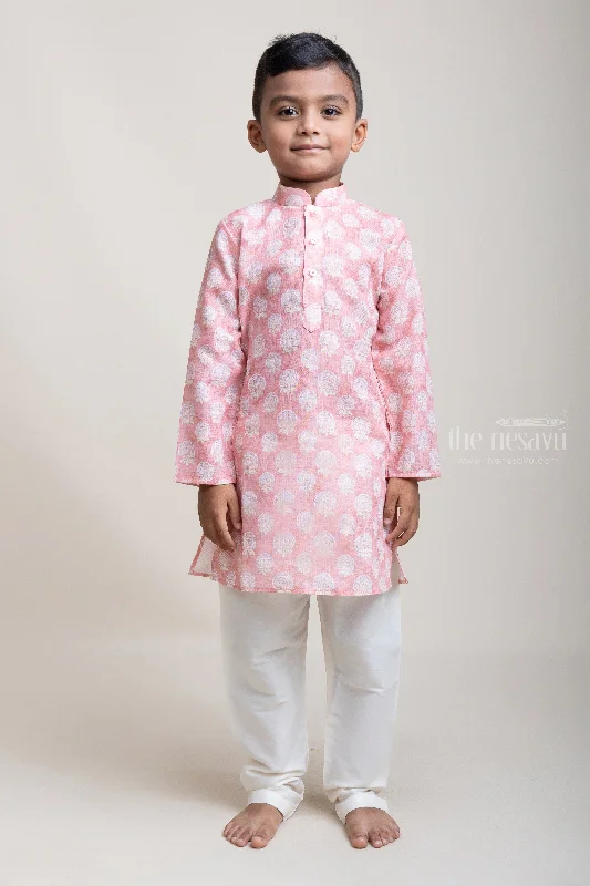 Mughal Floral Printed Peach Kurta And Elastic White Pants For Little Boys Trendy Tapered Pants