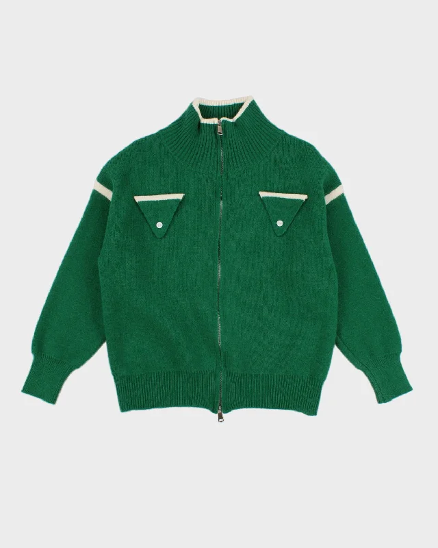 Womens Green and White Zip up Cardigan - S Silk Blend Satin Velvet