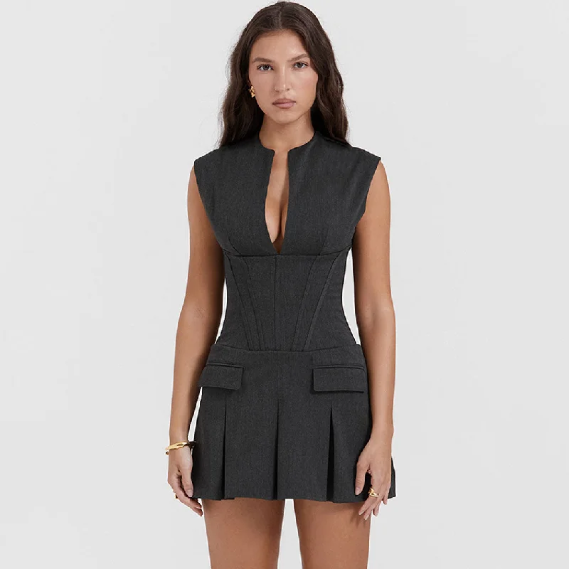 Chic V Neck Pleated Sleeveless Corset Mini Party Dress - Dark Gray Tunics Brand named Chic V Neck Pleated Sleeveless Corset Mini Party Dress - Dark Gray Tunics Brand named