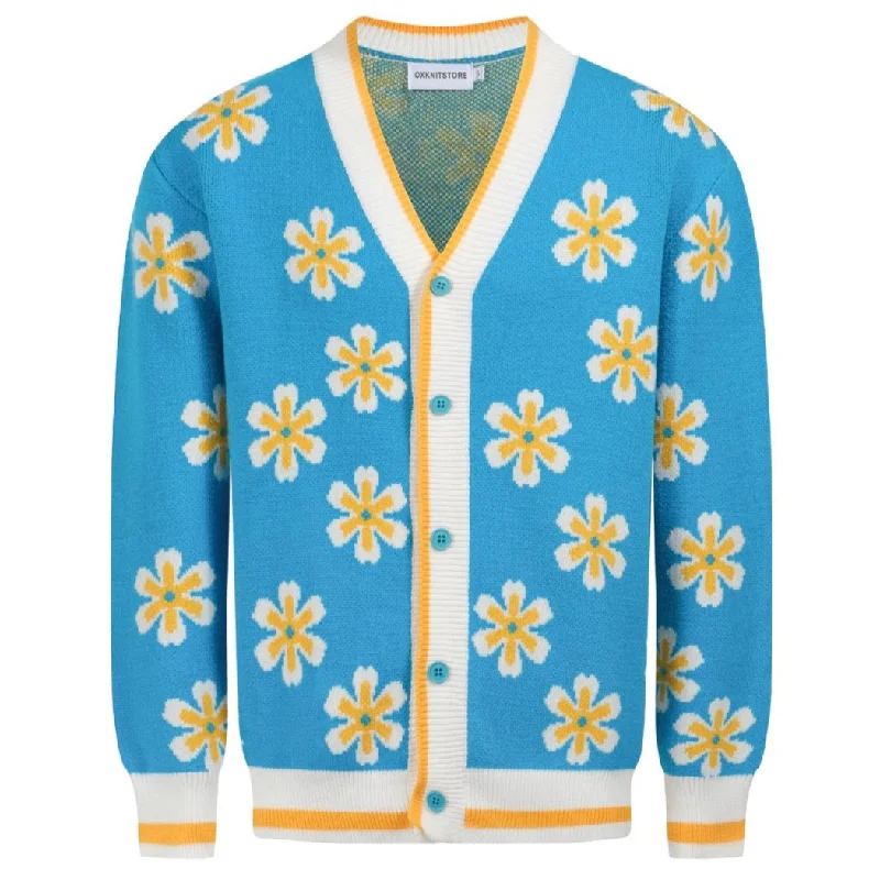 Men's blue jacquard vintage knit cardigan sweater Front Pockets Side Pockets Patch Pockets