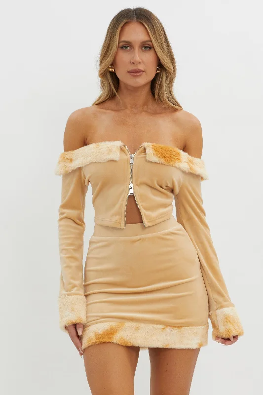 Nordic Lights Fur Trim Skirt Beige silk skirt elegant