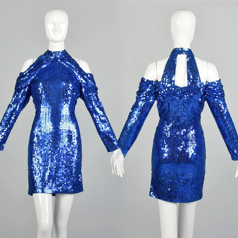 Small 1990s Blue Sequin Body Con Party Dress Long Sleeve Mini Dress Cold Shoulder Dress Square Neckline Feminine Small 1990s Blue Sequin Body Con Party Dress Long Sleeve Mini Dress Cold Shoulder Dress Square Neckline Feminine