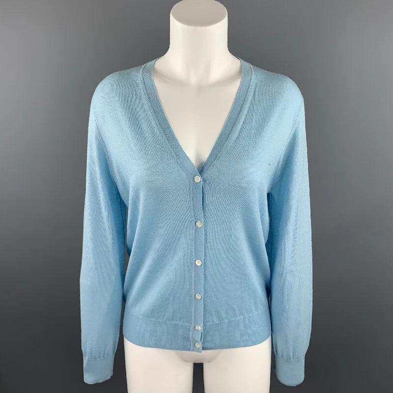 TSE Size M Light Blue Knitted Wool Buttoned Cardigan Crew Neck V-Neck Turtle Neck