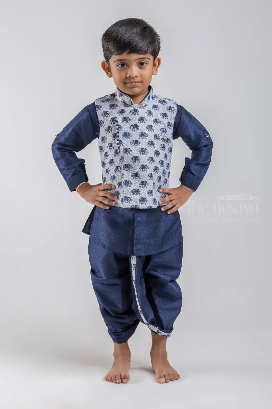 Navy Blue Cotton Boys Ethnic Kurta with Animal Printed White Overcoat and Navy Dhoti and Pant Cozy Lounge Pants