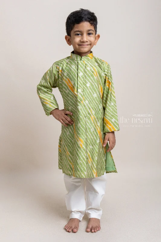 Fashionable Printed Lime Green Kurta With White Pant For Boys Sleek Black Pants