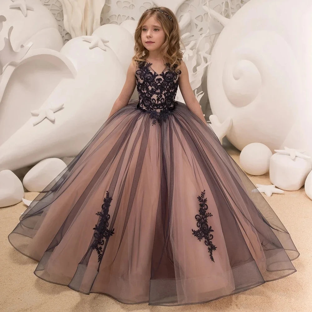 Cinessd Little Girls Tulle Flower Girl Dress Black Appliques Sleeveless Girls Pageant Princess Birthday Party Dress First Communion Gown Tunics Winter warm