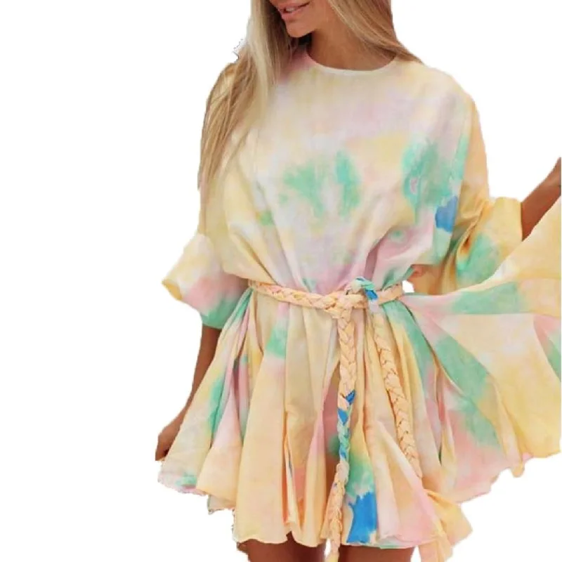 Lantern Sleeve Party Dress Crew Neckline Sporty
