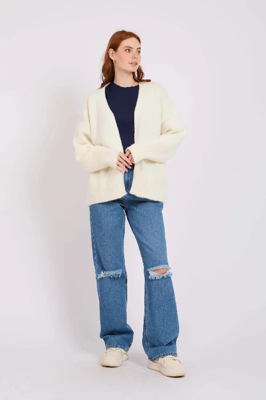 Women Short Loose Cardigan Off White Transparent Opaque Sheer