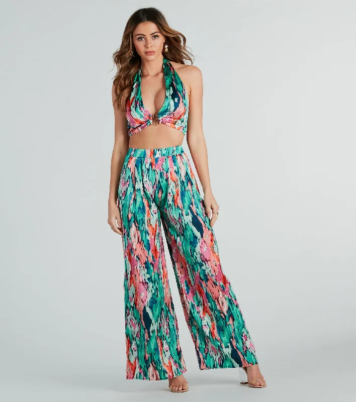 Color Me Pretty Satin Abstract Wide-Leg Pants Chic Checkered Pants