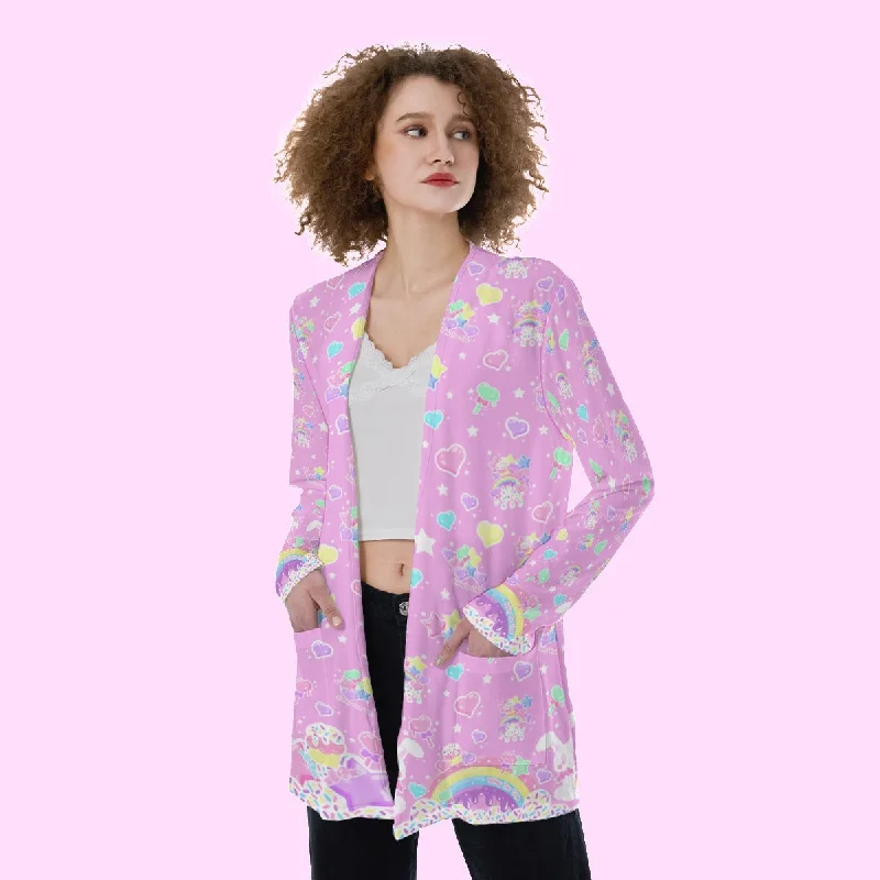 Rainbow Sweets Pink Open Front Lightweight Cardigan With Pockets Layered Multi-layer Single Layer