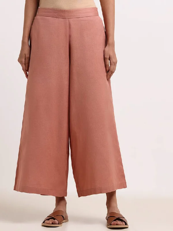 Utsa Peach Wide-Leg Blended Linen Pants Soft Cotton Pants