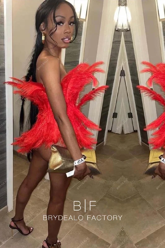Noble Strapless Red Big Ostrich Feathers Top Mini Party Dress Tunics Satin smooth