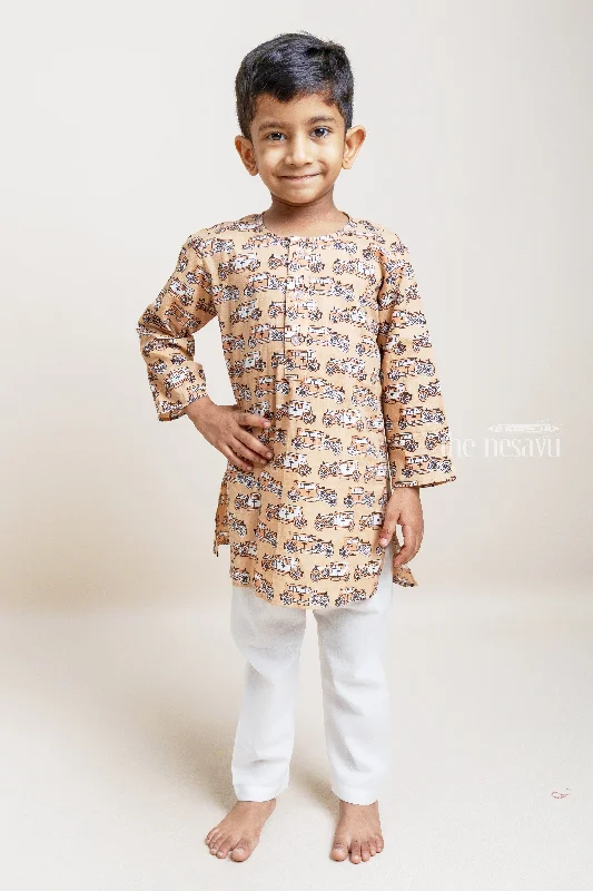Handblock Printed Car Pattern Cotton Kurta With White Pyjama Pant For Boys High-Waist Jeans