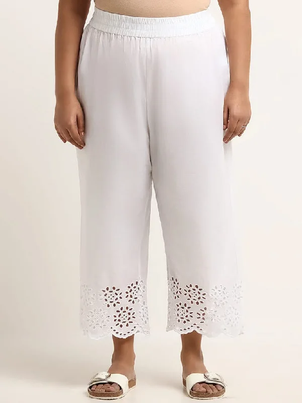 Diza White Mid-Rise Cotton Schiffli Pants High-Waist Trousers