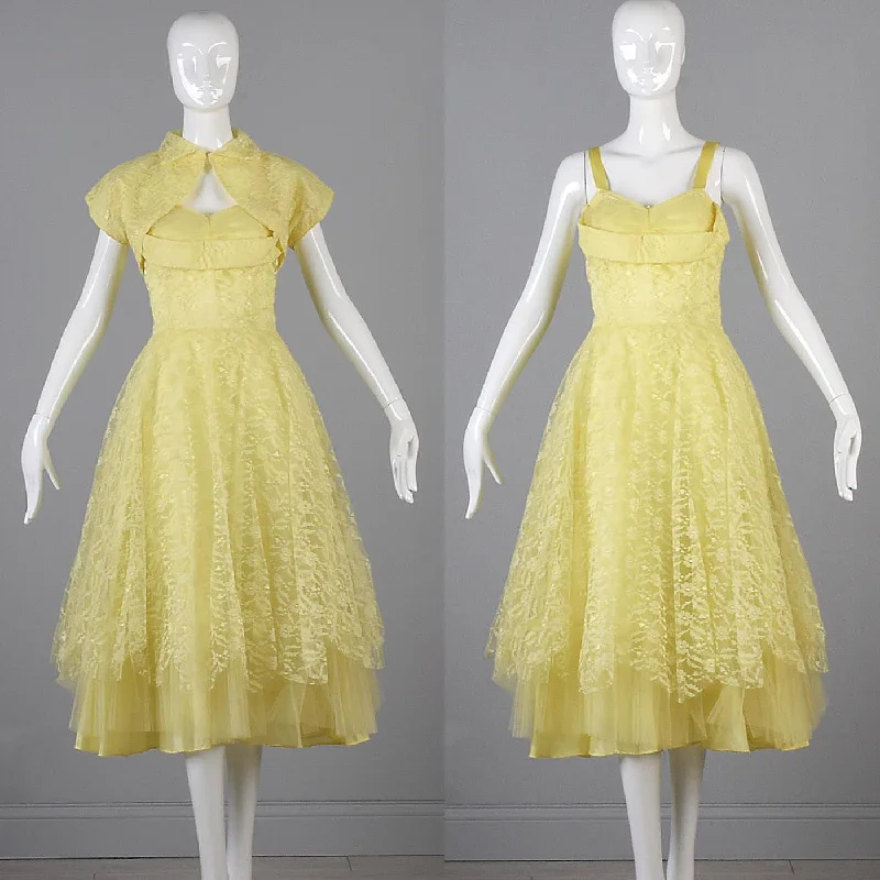 1950s Yellow Lace and Tulle Party Dress Tunics Occasion special