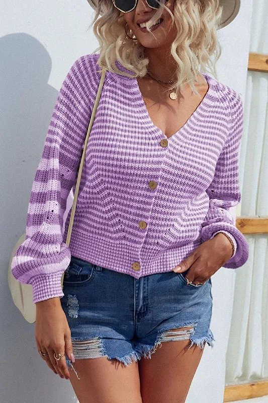 BUTTON DOWN STRIPE KNITTED SHORT CARDIGAN Cashmere Blend Cotton Blend Poly Blend