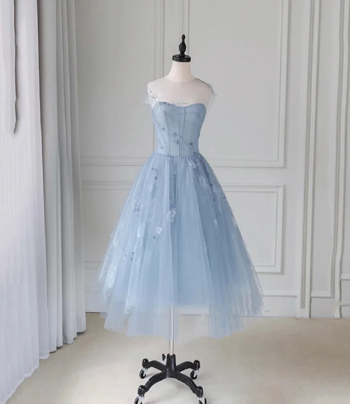 Blue tulle lace short A line prom dress party dress  8744 Tunics Designer luxury