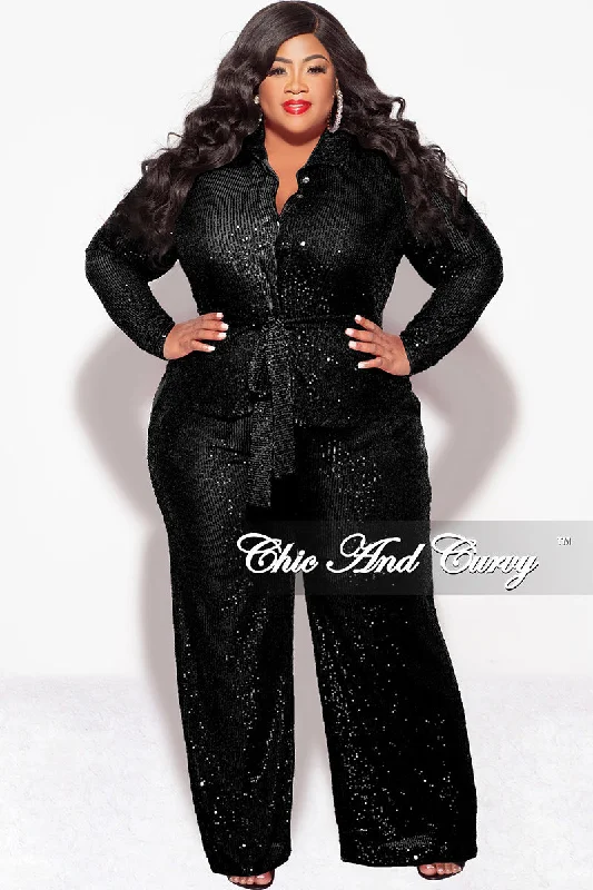 Final Sale Plus Size 2pc Button Up Sequin Collar Top and Pants Set in Black Cozy Full-Length Pants