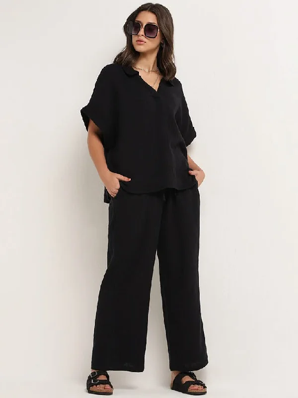 Wunderlove Black Cotton Crinkled Relaxed Beach Pants Fashionable Work Pants