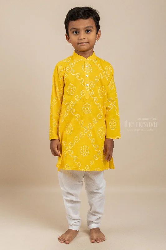 Bright Yellow Cotton Kurta Dresses For Boys With Pants Comfortable Denim Trousers