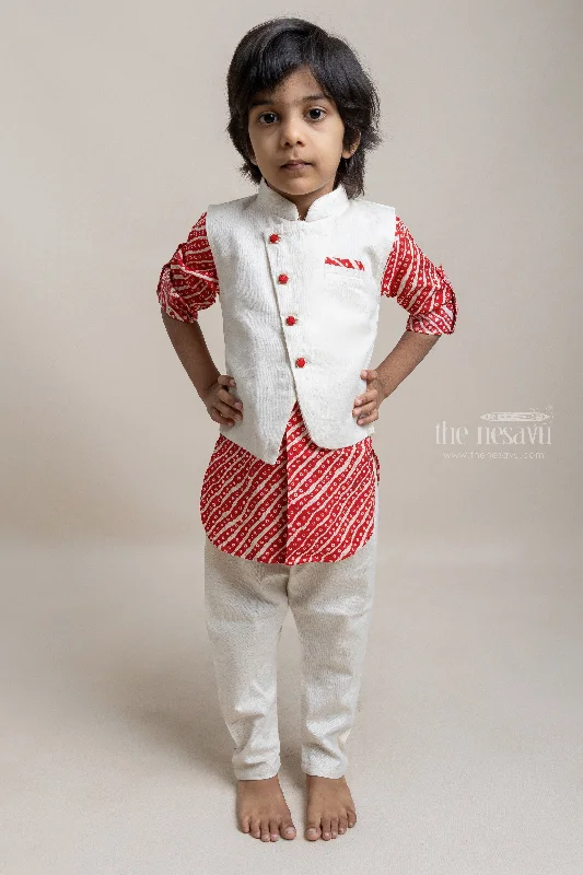 Fashionable Red Stripes Printed Kurta And Pant With Beige Over Coat For Boys High-Waist Trousers