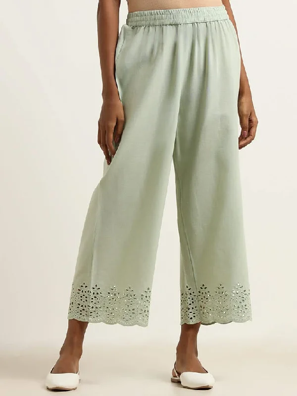 Utsa Mint Cutwork Hem Blended Linen Wide-Leg Pants Casual Track Pants